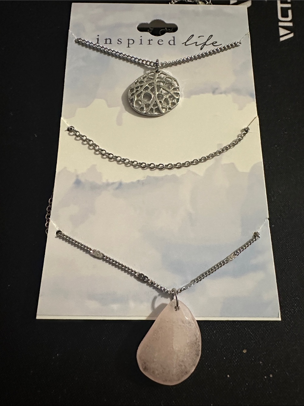 Inspire Layered Silver-Tone Necklace Set with Textured Disc &Teardrop Stone
#108